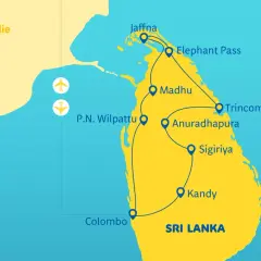 Mapa Sri Lanki z zaznaczonymi miastami: Jaffna, Trincomalee, Anuradhapura, Sigiriya, Kandy, Colombo (największe miasto Sri Lanki), Madhu, P.N. Wilpattu.