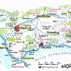 Mapa Andaluzji, gdzie leży Malaga, pokazuje miasta takie jak Sewilla, Kordoba, Grenada i Almeria, a także wybrzeże Morza Śródziemnego.