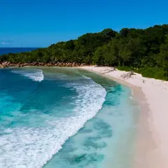 Rajska plaża na Oceanie Indyjskim. Turkusowa woda, biały piasek i bujna zieleń tworzą idealne państwo na wakacje.