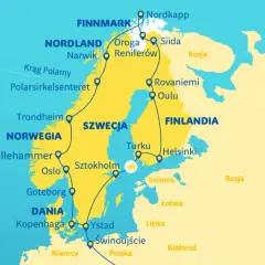 Mapa tras podróży po **skandynawia kraje**: Norwegia, Szwecja, Finlandia, Dania. Zaznaczone miasta i regiony, w tym Nordkapp, Rovaniemi, Sztokholm, Oslo, Kopenhaga.