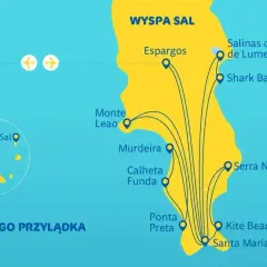 Mapa wyspy Sal na Wyspach Zielonego Przylądka. Pokazuje atrakcje takie jak Santa Maria, Kite Beach, Shark Bay i Salinas de Pedra de Lume.