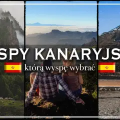 Wyspy Kanaryjskie, gdzie leżą? Trzy ujęcia z hiszpańskich wysp: para na tle gór, widok na góry i chmury, para przy wulkanie.
