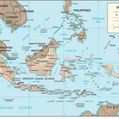 Gdzie leży Indonezja? Na mapie widać archipelag między Oceanem Indyjskim a Spokojnym, na południe od Filipin i Malezji.