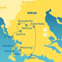 Mapa turystyczna pokazująca trasę po Grecji kontynentalnej, obejmującą m.in. Pargę, Janinę, Metsovo, Monodendri, Kalambakę, Mesolongi i Patrę.