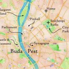 Mapa pokazuje, gdzie jest Budapeszt: Parlament, Zamek i Muzea, Wyspa Małgorzaty, Széchenyi Baths, Synagoga i Park Miejski.