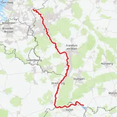 Trasa rowerowa biegnie wzdłuż rzeki Ren, łącząc Holandię, Belgię, Luksemburg, Niemcy i Szwajcarię, mijając m.in. Frankfurt i Stuttgart.