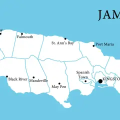 Mapa Jamajki z zaznaczonymi miastami: Kingston, Montego Bay, Falmouth. Poznaj, gdzie leży Jamajka, karaibska wyspa.
