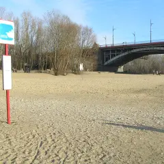 Plaża nad Wisłą, znak wodny, most i drzewa. Idealne miejsce na poniatówkę.