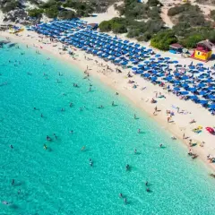 Słoneczny dzień na plaży Makronissos. Turkusowa woda, biały piasek, mnóstwo leżaków i parasoli, a w wodzie kąpią się ludzie.