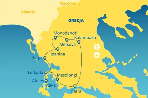 Mapa turystyczna pokazująca trasę po Grecji kontynentalnej, obejmującą m.in. Pargę, Janinę, Metsovo, Monodendri, Kalambakę, Mesolongi i Patrę.