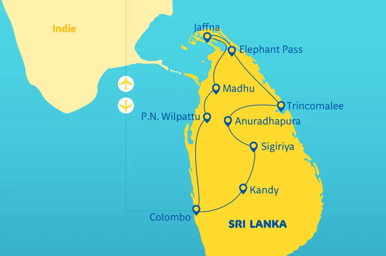 Mapa Sri Lanki z zaznaczonymi miastami: Jaffna, Trincomalee, Anuradhapura, Sigiriya, Kandy, Colombo (największe miasto Sri Lanki), Madhu, P.N. Wilpattu.