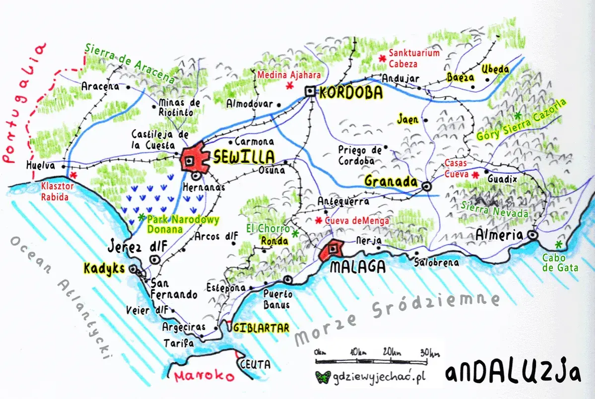Mapa Andaluzji, gdzie leży Malaga, pokazuje miasta takie jak Sewilla, Kordoba, Grenada i Almeria, a także wybrzeże Morza Śródziemnego.