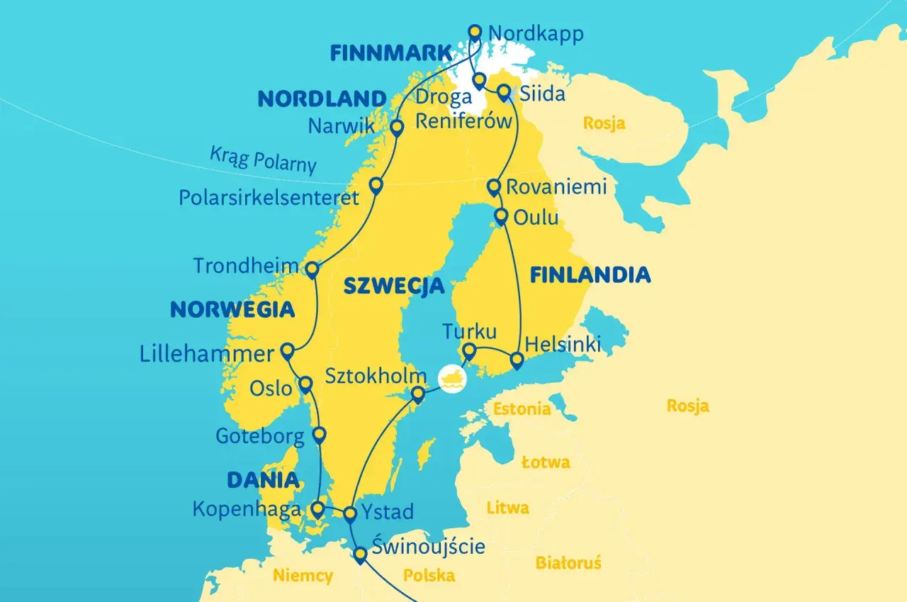 Mapa tras podróży po **skandynawia kraje**: Norwegia, Szwecja, Finlandia, Dania. Zaznaczone miasta i regiony, w tym Nordkapp, Rovaniemi, Sztokholm, Oslo, Kopenhaga.