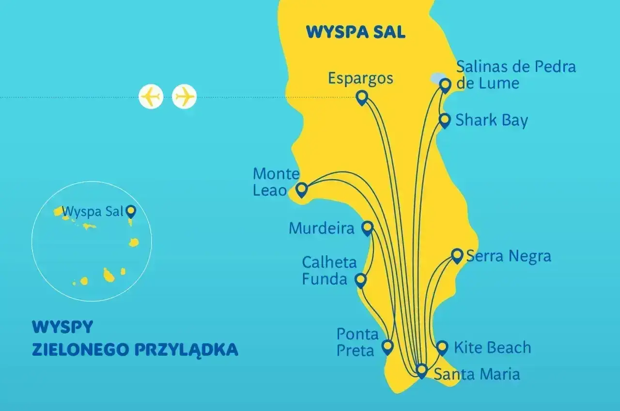 Mapa wyspy Sal na Wyspach Zielonego Przylądka. Pokazuje atrakcje takie jak Santa Maria, Kite Beach, Shark Bay i Salinas de Pedra de Lume.