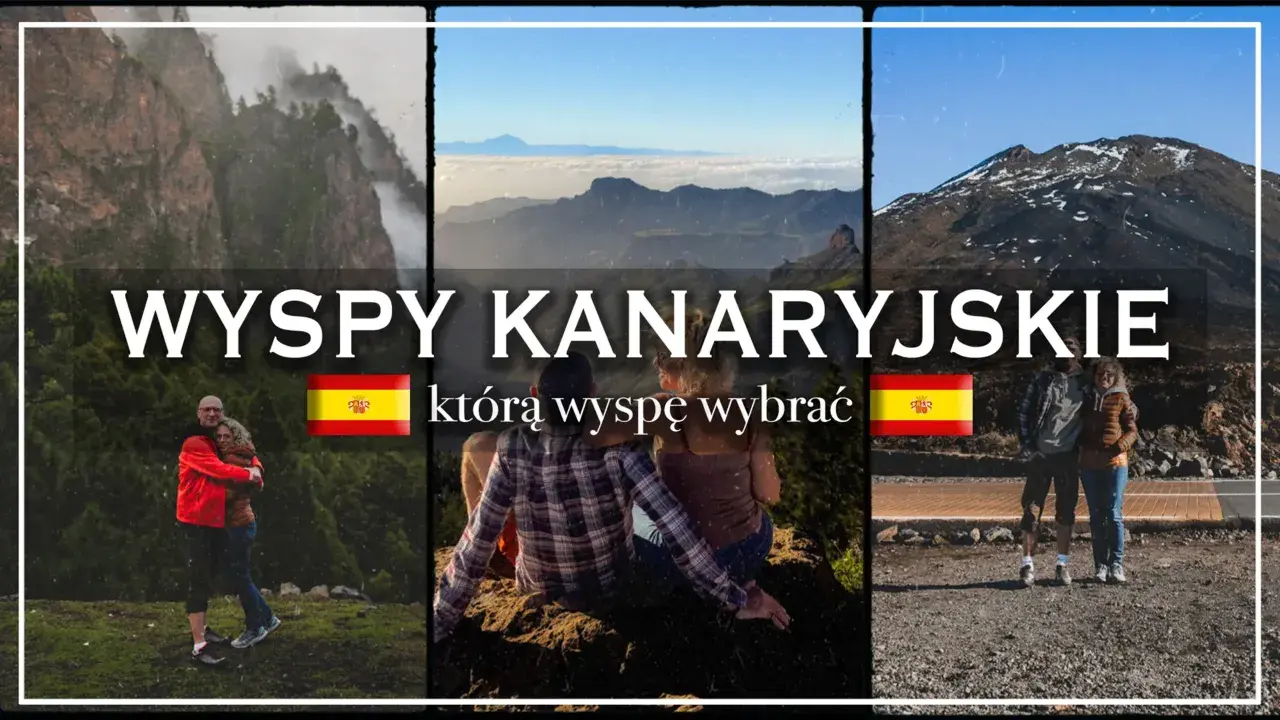 Wyspy Kanaryjskie, gdzie leżą? Trzy ujęcia z hiszpańskich wysp: para na tle gór, widok na góry i chmury, para przy wulkanie.