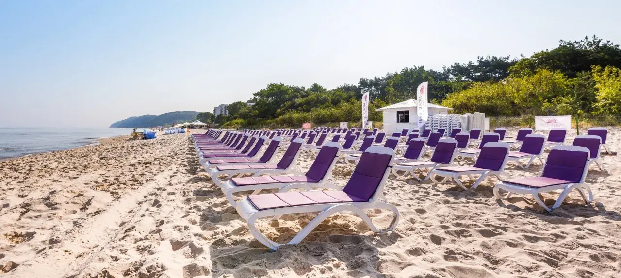 Rzędy leżaków na piaszczystej plaży, idealne na tygodniowe wczasy nad morzem z wyżywieniem. W tle morze i zieleń.