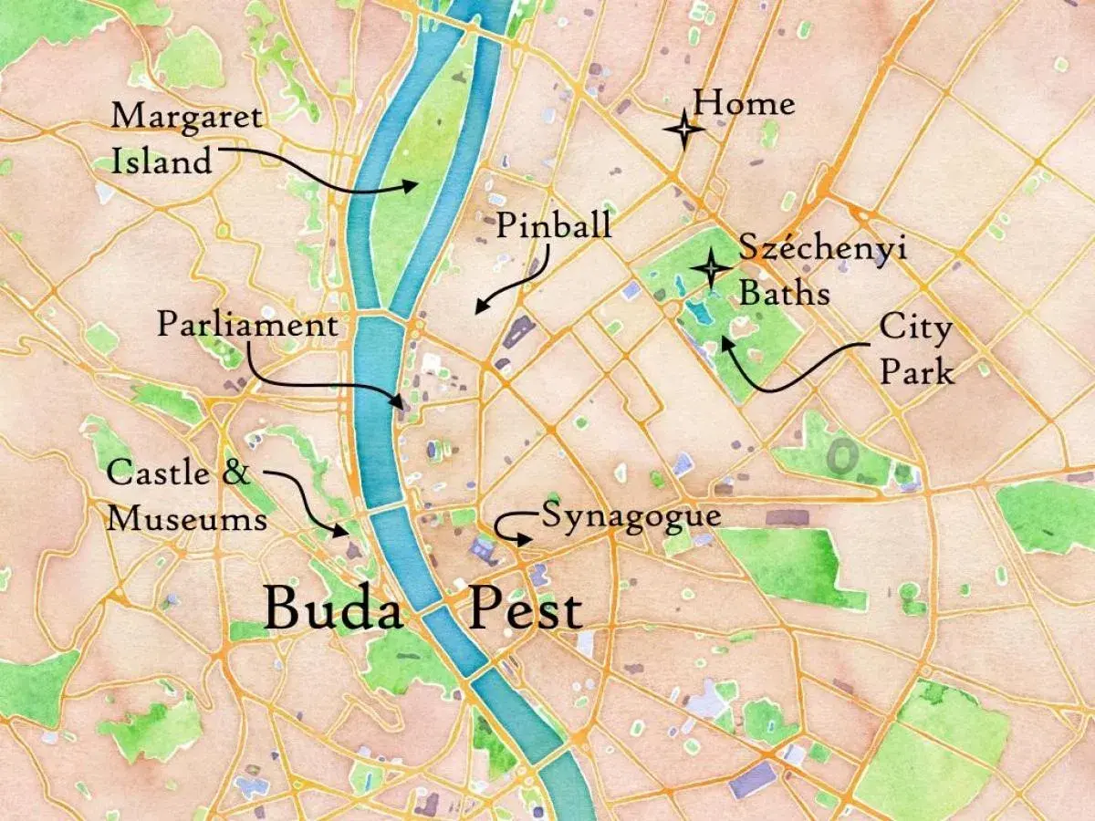 Mapa pokazuje, gdzie jest Budapeszt: Parlament, Zamek i Muzea, Wyspa Małgorzaty, Széchenyi Baths, Synagoga i Park Miejski.