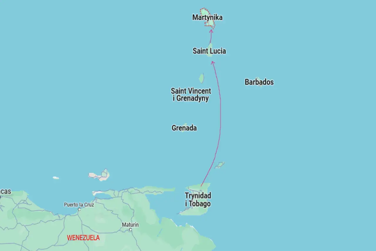 Mapa Karaibów pokazuje, gdzie leży Martynika, na północ od Saint Vincent i Grenadyn, Trynidadu i Tobago oraz Wenezueli.