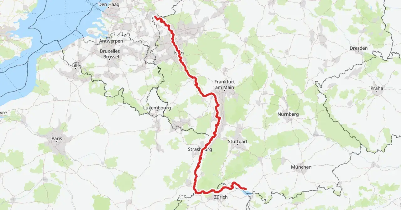 Trasa rowerowa biegnie wzdłuż rzeki Ren, łącząc Holandię, Belgię, Luksemburg, Niemcy i Szwajcarię, mijając m.in. Frankfurt i Stuttgart.