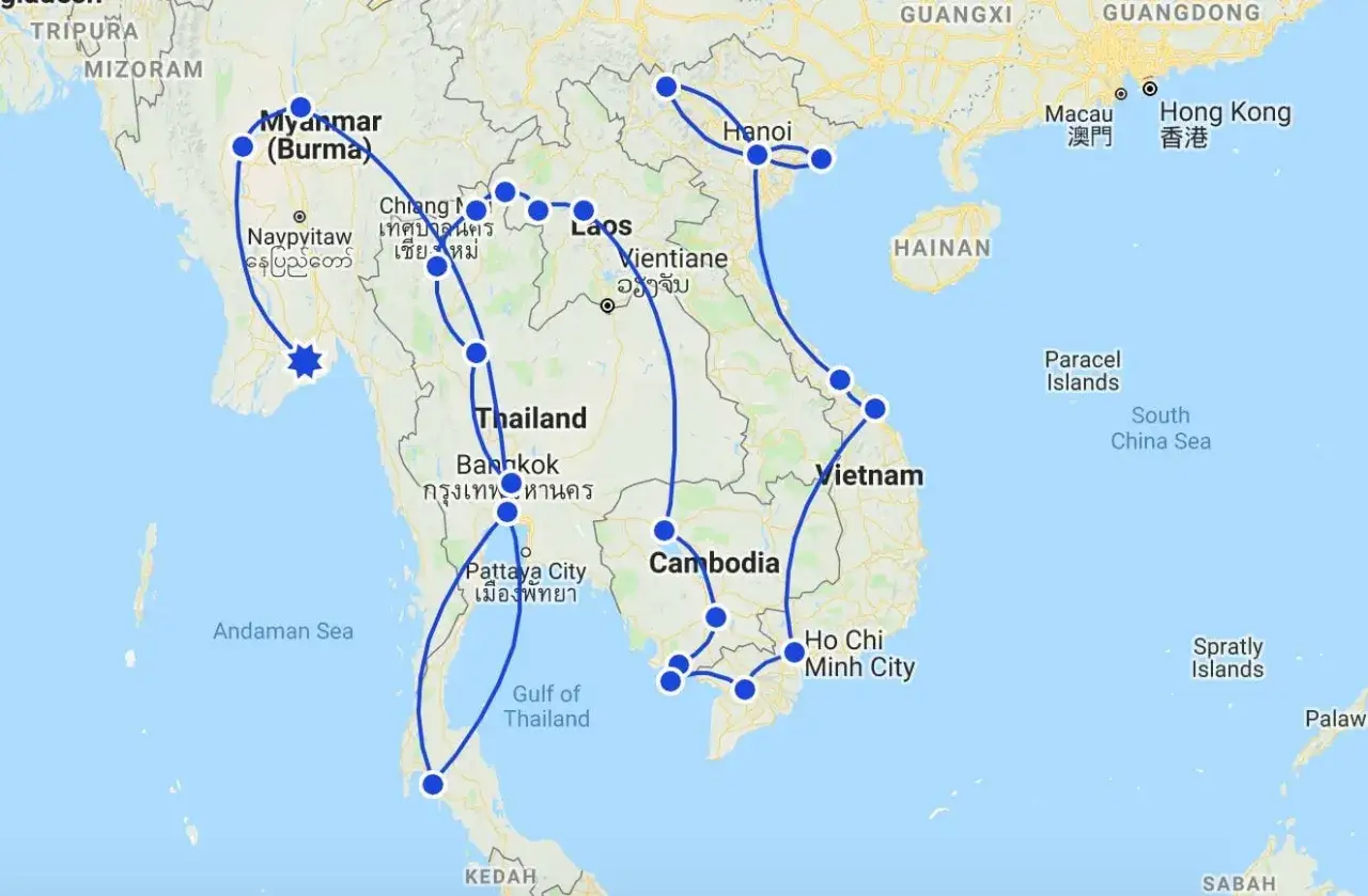 Trasa podróży przez Azję Południowo-Wschodnią, pokazująca gdzie jest Tajlandia, z zaznaczonymi miastami jak Bangkok i Pattaya.