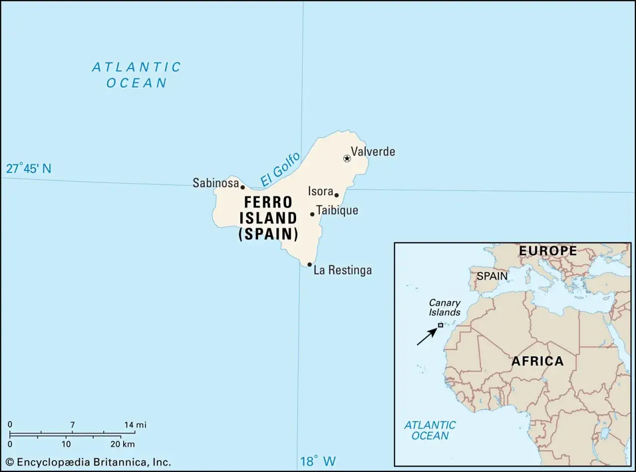 Mapa pokazuje wyspy kanaryjskie, gdzie leżą: Ferro Island (Hiszpania) na Oceanie Atlantyckim, na zachód od Afryki.