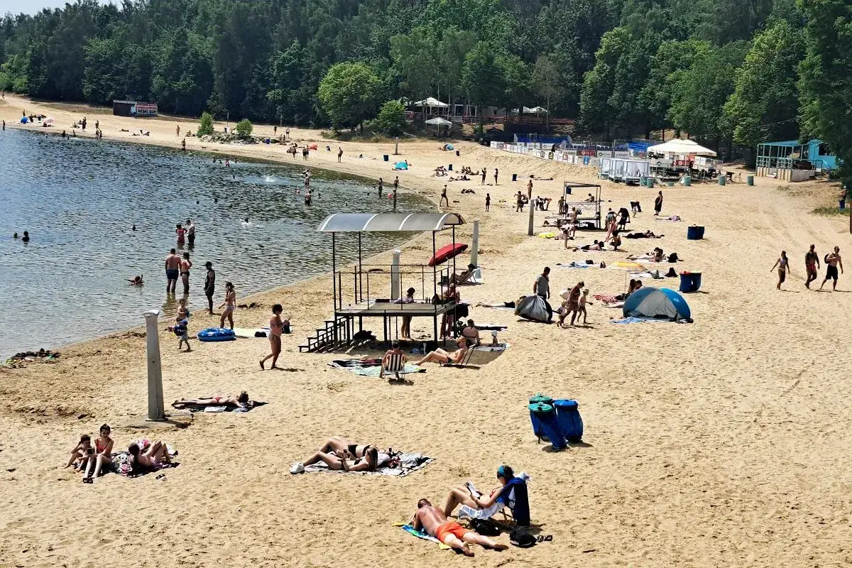 Ludzie odpoczywają i kąpią się na słonecznej plaży Skorochów. Woda jest spokojna, a na piasku widać leżaki i namioty.