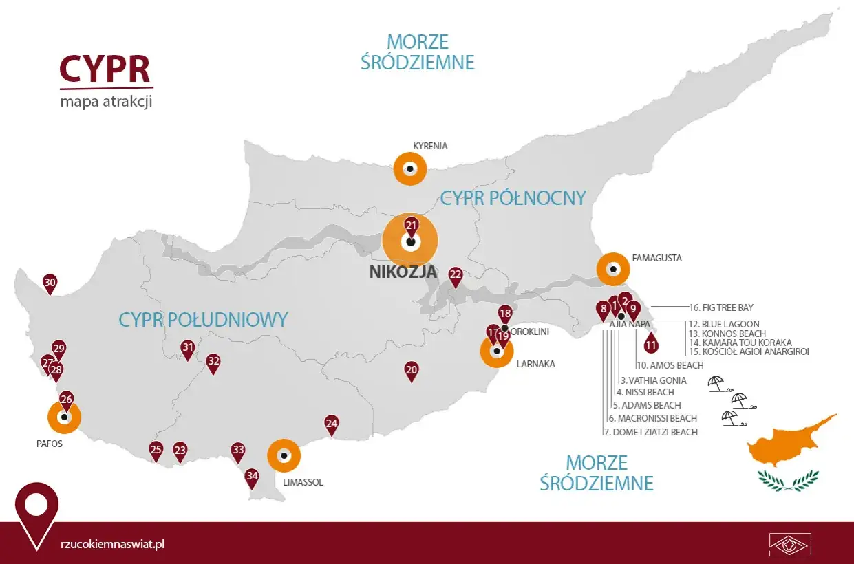 Mapa atrakcji na wyspie Cypr. Zaznaczone miasta: Nikozja, Pafos, Limassol, Famagusta, Ajia Napa, Larnaka, Kyrenia.