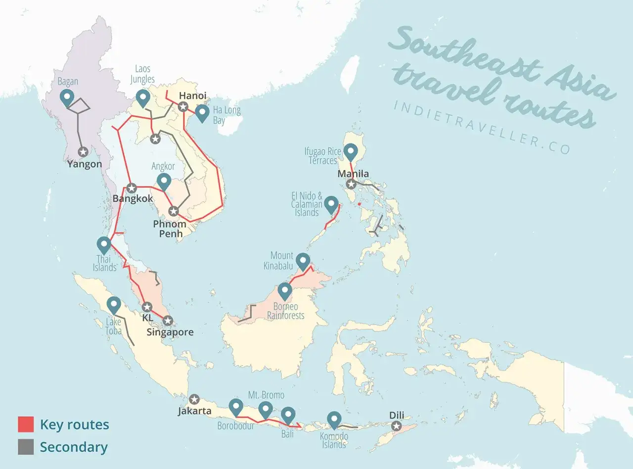 Mapa tras podróży po Azji Południowo-Wschodniej. Gdzie jest Tajlandia? Zobacz trasę przez Bangkok i wyspy.