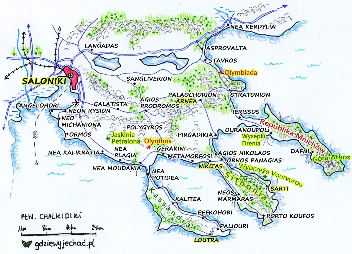Mapa półwyspu Chalcidiki, część Grecji kontynentalnej, z zaznaczonymi miastami jak Saloniki, Olynthos, oraz szlakami.