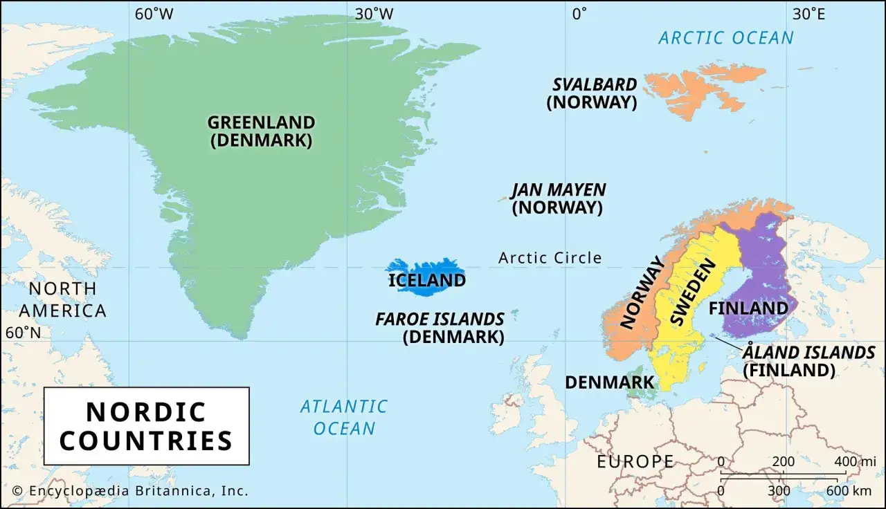 Mapa pokazuje kraje skandynawskie: Danię, Finlandię, Islandię, Norwegię i Szwecję, wraz z Grenlandią i Wyspami Owczymi.