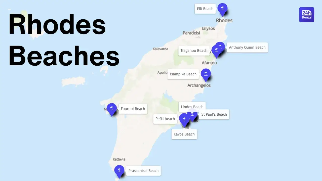 Mapa z zaznaczonymi rodos plaże: Tsambika, Lindos, Anthony Quinn i inne. Idealne miejsca na wakacje.