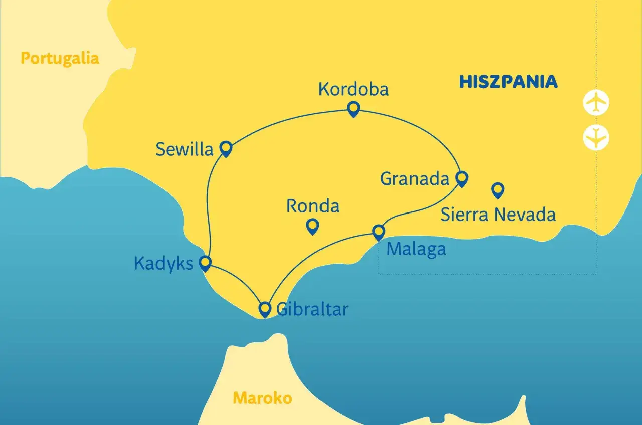 Mapa Andaluzji pokazuje, gdzie leży Malaga, na południu Hiszpanii, blisko wybrzeża. Trasa obejmuje Kordobę, Sewillę, Kadyks, Rondę, Grenadę i Sierra Nevadę.