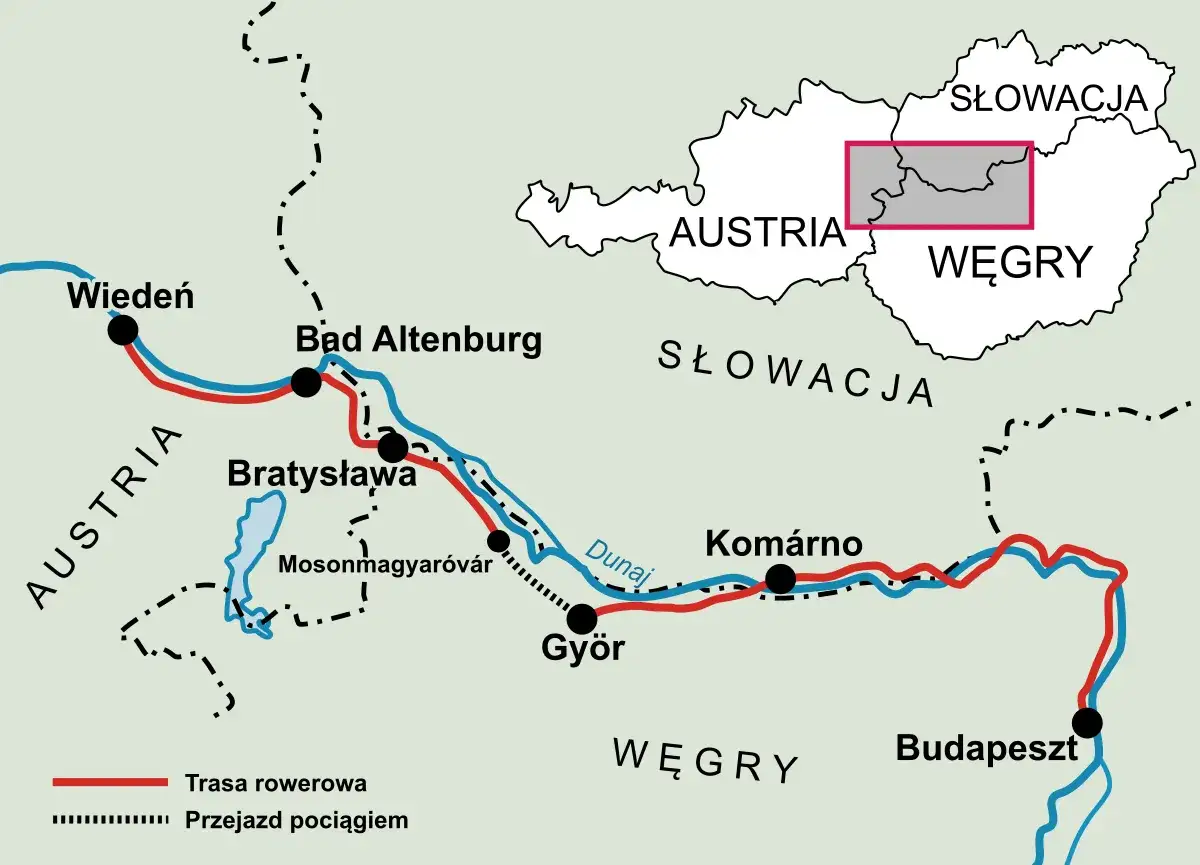 Mapa pokazuje trasę rowerową i kolejową z Wiednia przez Bratysławę i Győr do Budapesztu, pokazując gdzie jest Budapeszt.