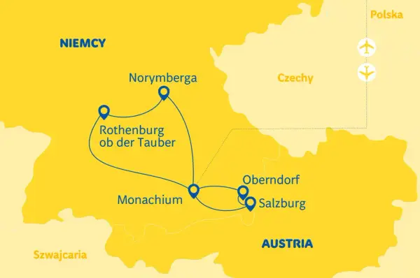 Mapa pokazuje trasę podróży przez Niemcy i Austrię, z zaznaczonymi miastami: Norymberga, Rothenburg ob der Tauber, Monachium, Oberndorf i Salzburg.