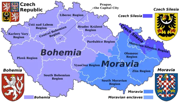 Mapa Czech z podziałem na regiony. Widoczne są Morawy, Czechy właściwe i Śląsk Czeski.