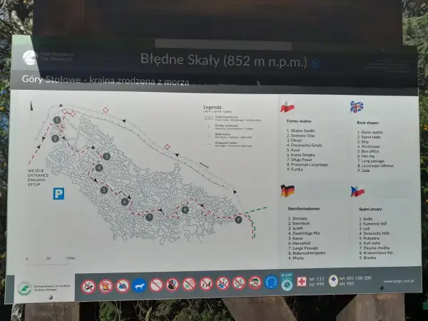 Mapa Błędnych Skał, labiryntu skalnych formacji w Górach Stołowych. Zobaczysz tu ścieżki, punkty widokowe i nazwy formacji, np. "Kurza Stopka".